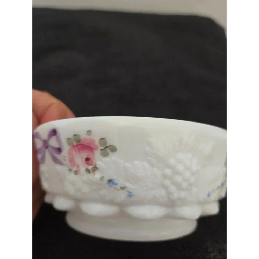 Westmoreland Milk Glass Paneled Grape Hand Painted Candy Dish Vanity Powder Box